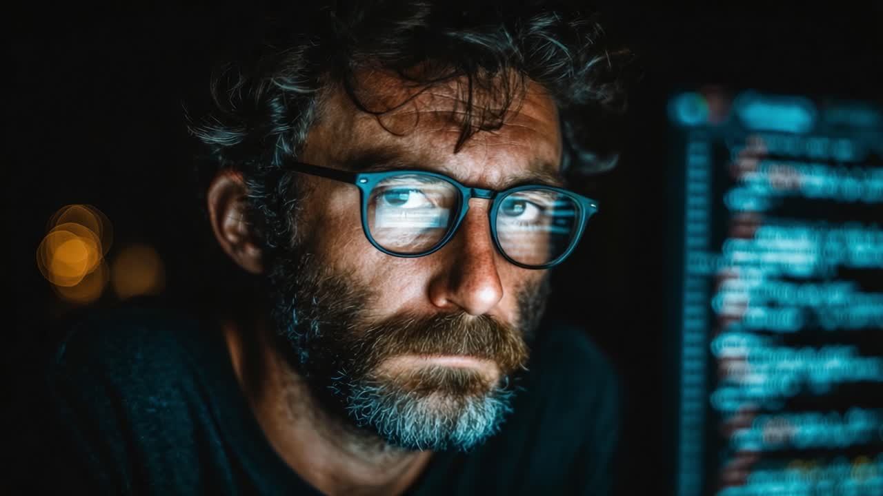En fokusert programmerer som analyserer kode i et svakt opplyst miljø, som fanger intens konsentrasjon og den subtile gløden fra dataskjermer i bakgrunnen.