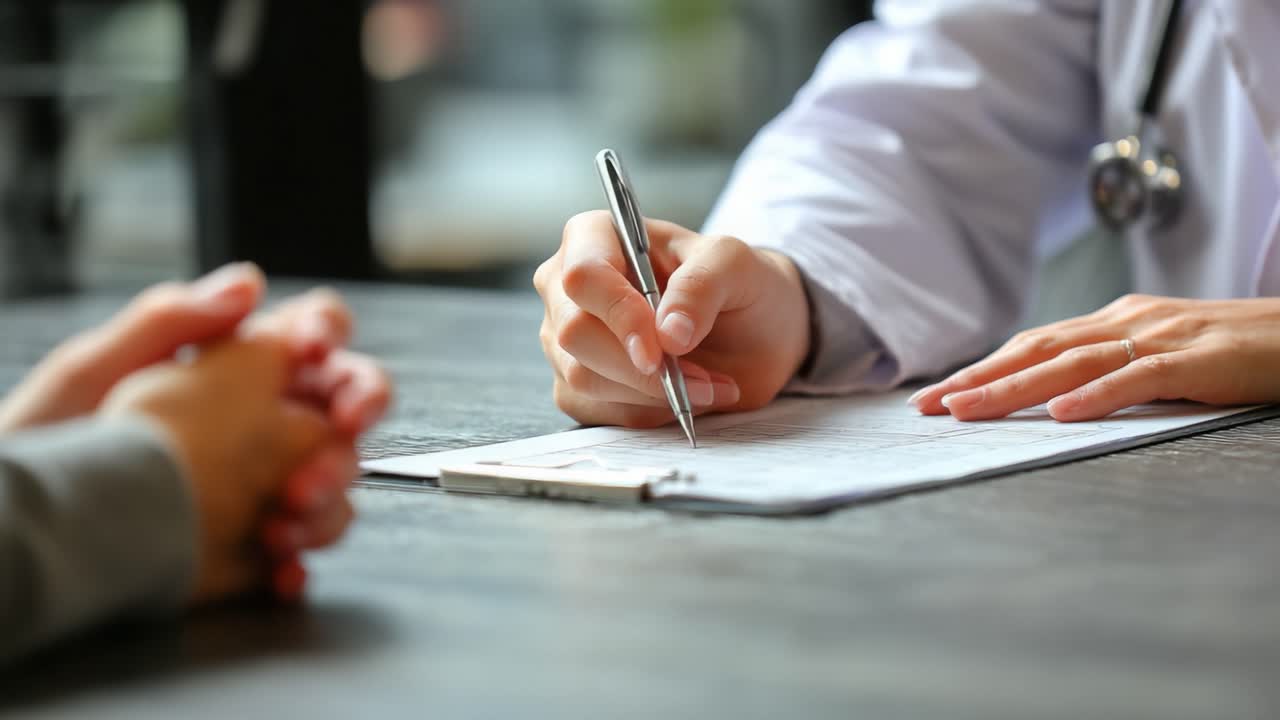 En medicinsk konsultation i gang: En sundhedsfaglig person diskuterer vigtig information, mens der skrives noter under en patientaftale