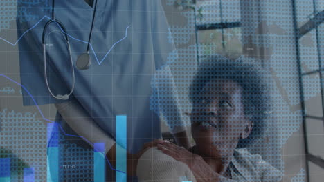 female nurse placing stethoscope on senior patient in bright clinic, featuring digital grid overlay