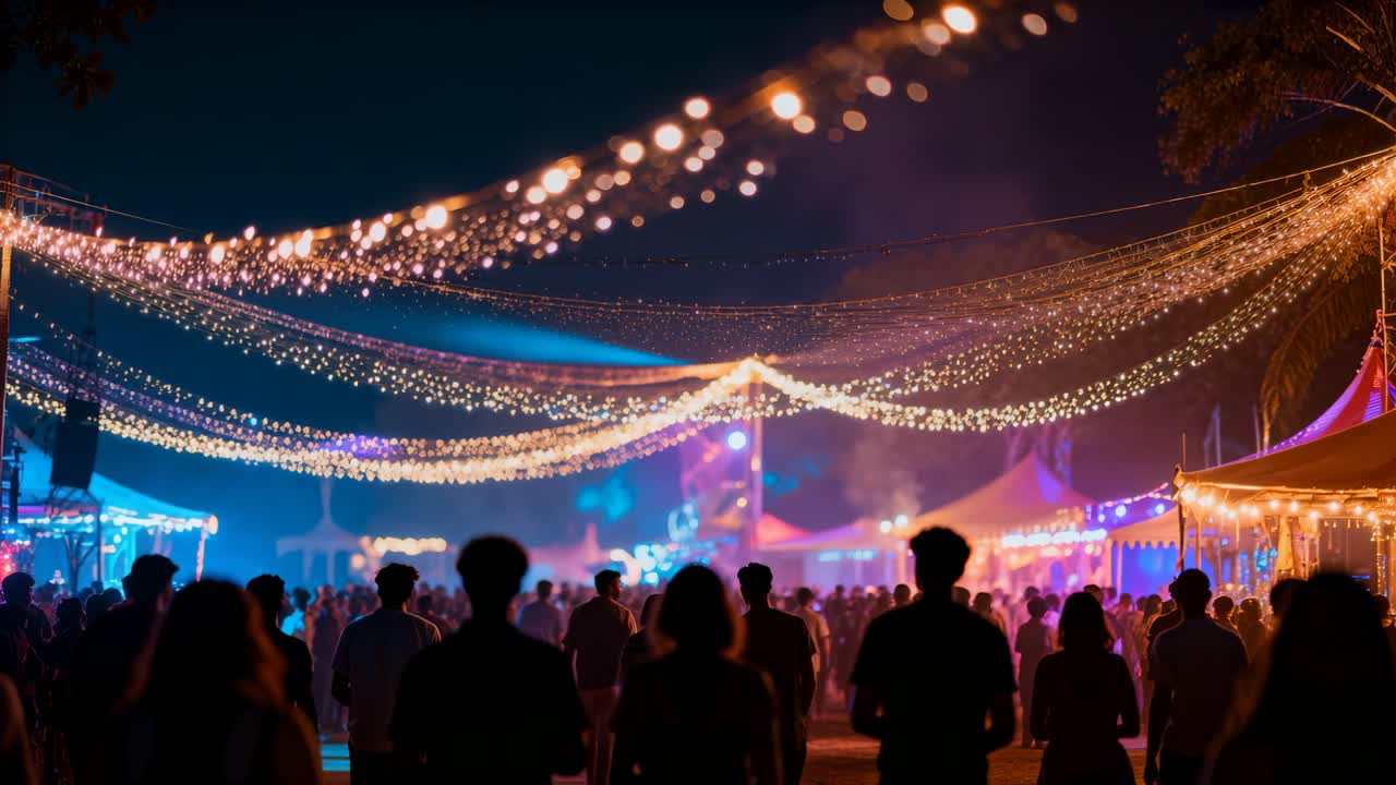 Une foule en tenue décontractée marche vers la scène la nuit, suivant des lumières pulsantes et des guirlandes lumineuses.
