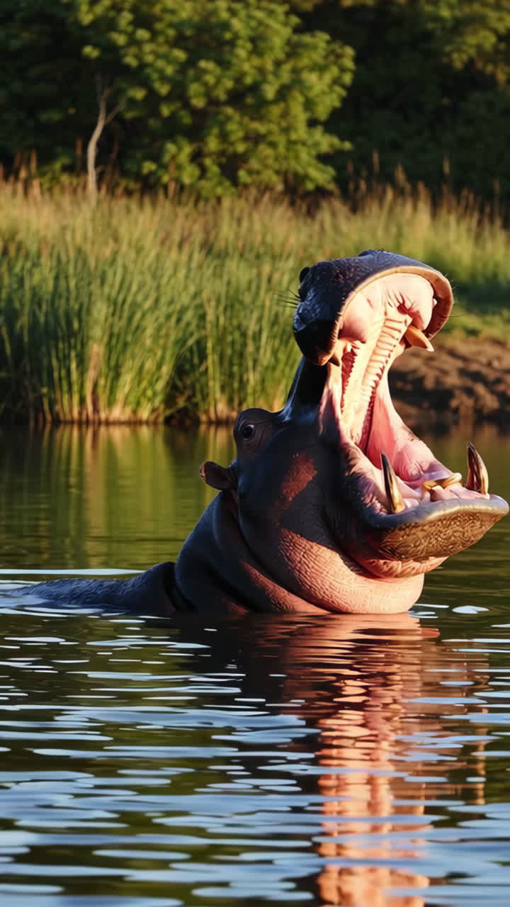 A Hippopotamus in Water Yawning and Showing its Large Mouth