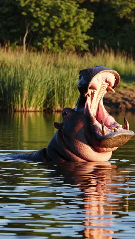 a hippopotamus in water yawning and showing its large mouth
