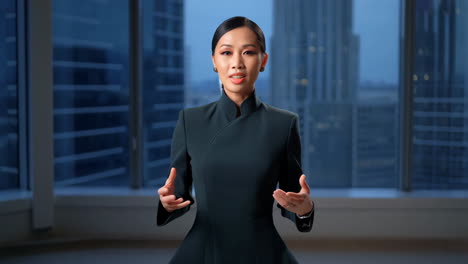 professional businesswoman speaking in modern office