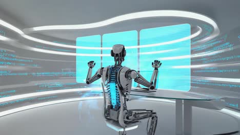 robot working on virtual screens in a futuristic office