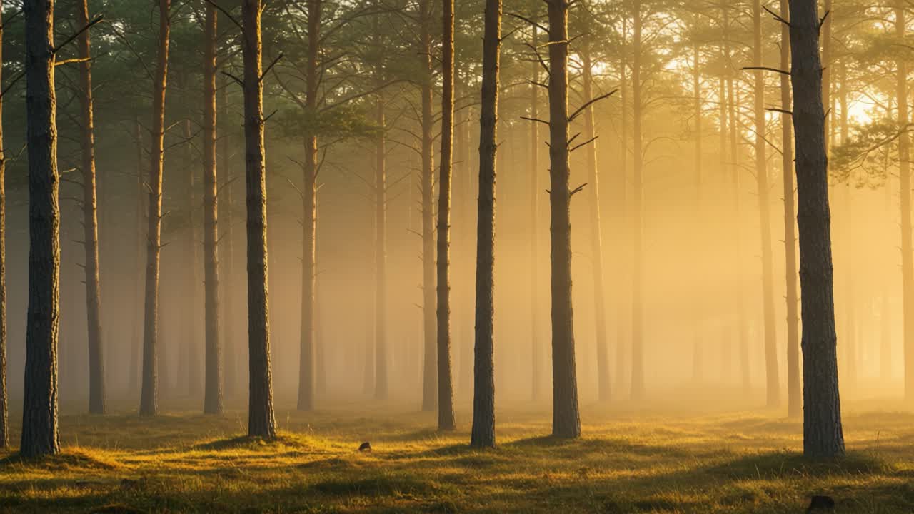 Serene Forest Scene at Dawn: Capturing the Mysterious Mist and Sunlight Filtering Through Towering Trees Creating a Magical Atmosphere in Nature's Lush Beauty