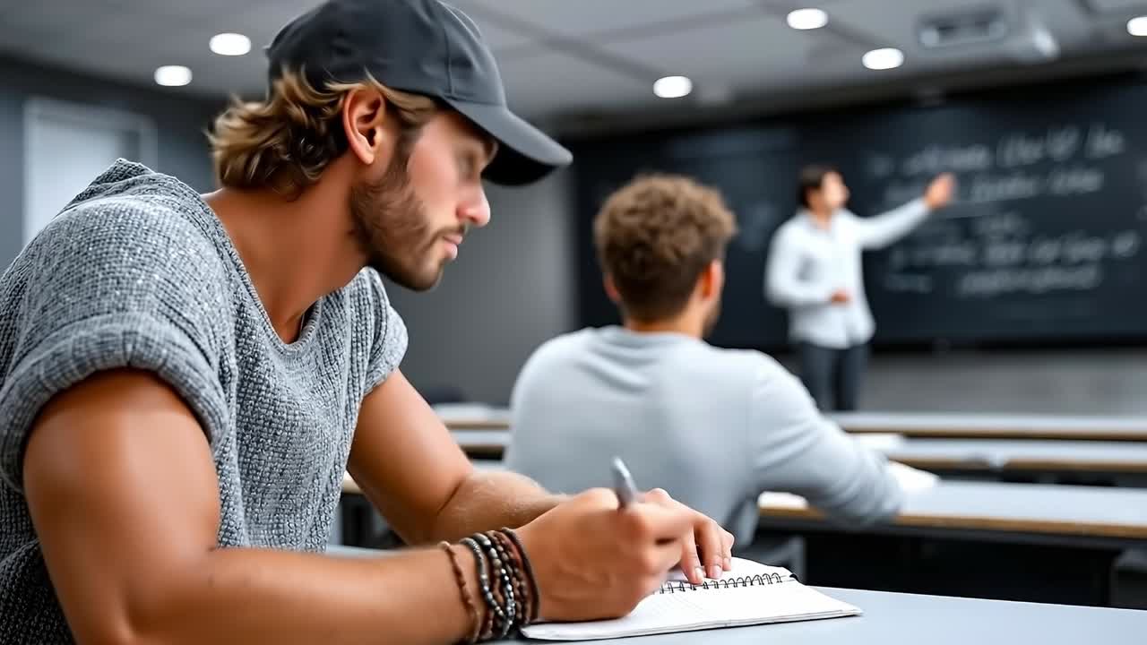 A man sitting at a desk in front of a blackboard in a classroom