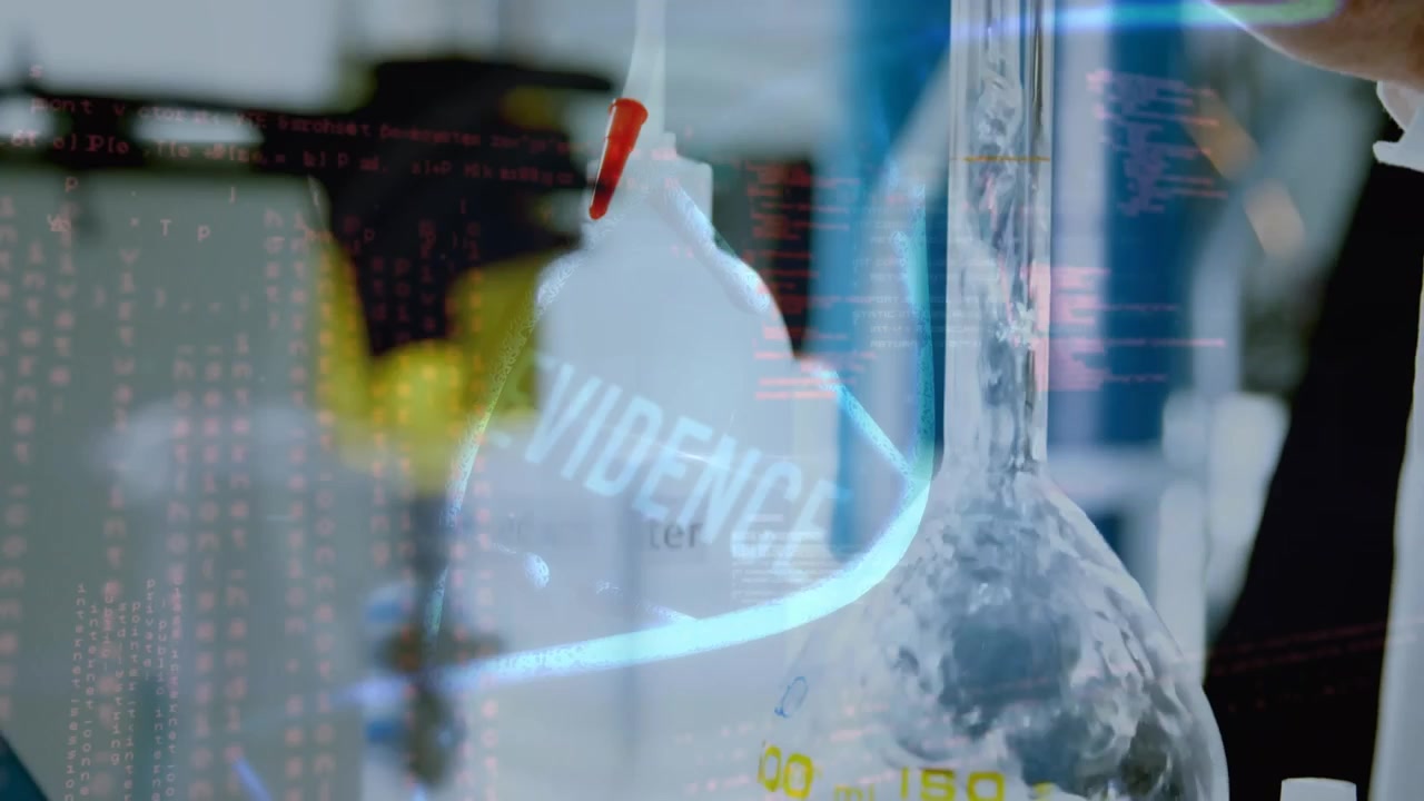 Animation of dna strand and data processing over caucasian scientist in lab