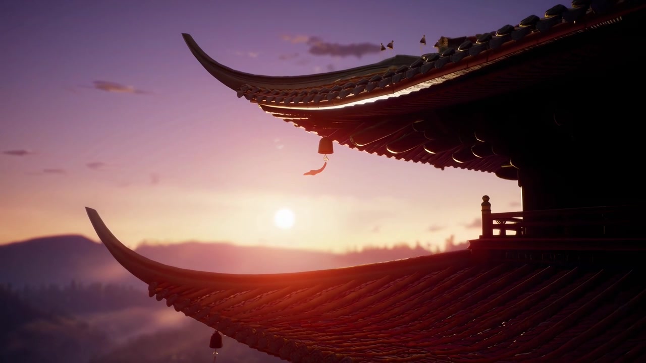 Tetto di un tempio tradizionale cinese al tramonto