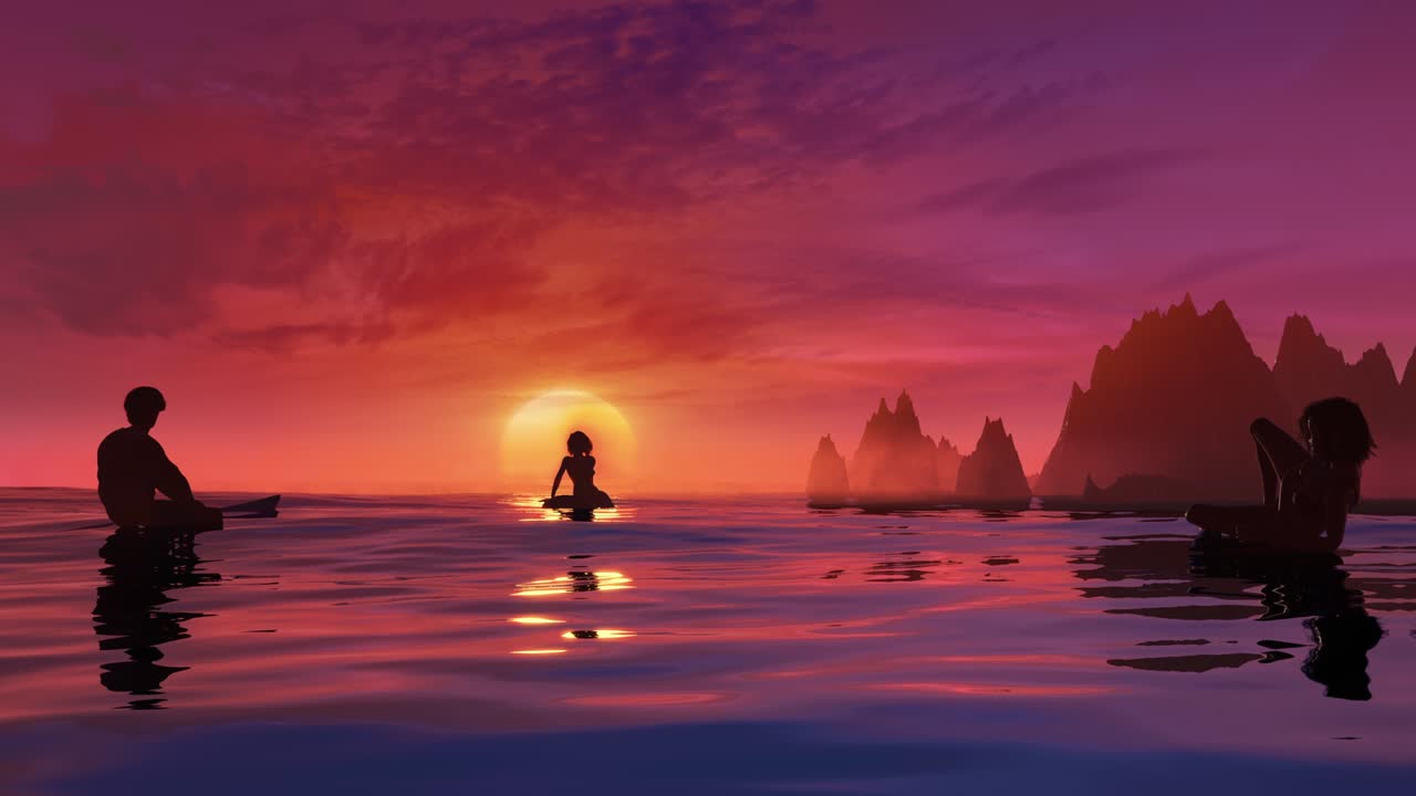 Surfers waiting in line up on the surfboards and watch the sunset loop