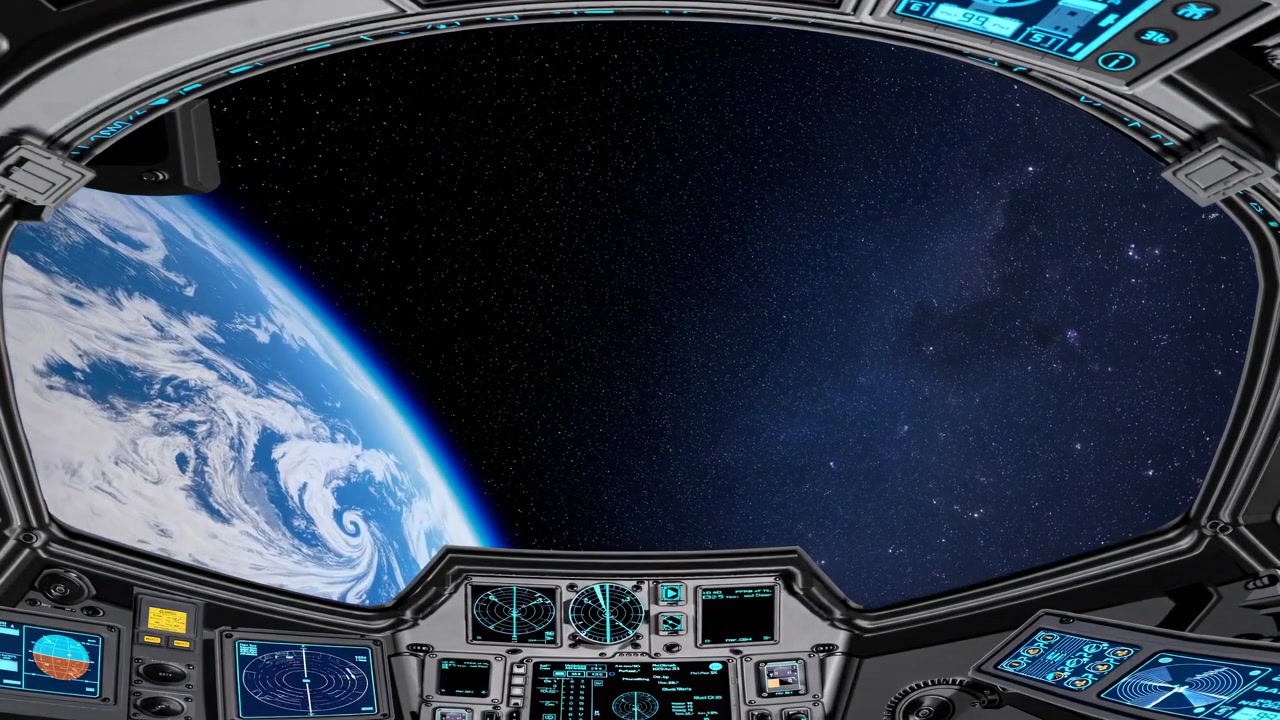 Vista desde la cabina de una nave espacial de la Tierra y el espacio estrellado