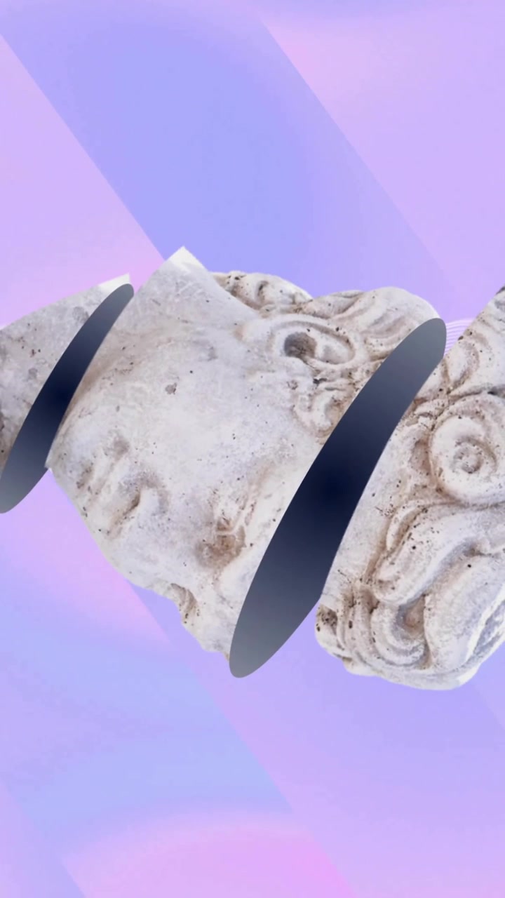 Animation of ancient sculpture head moving over waving multi coloured background