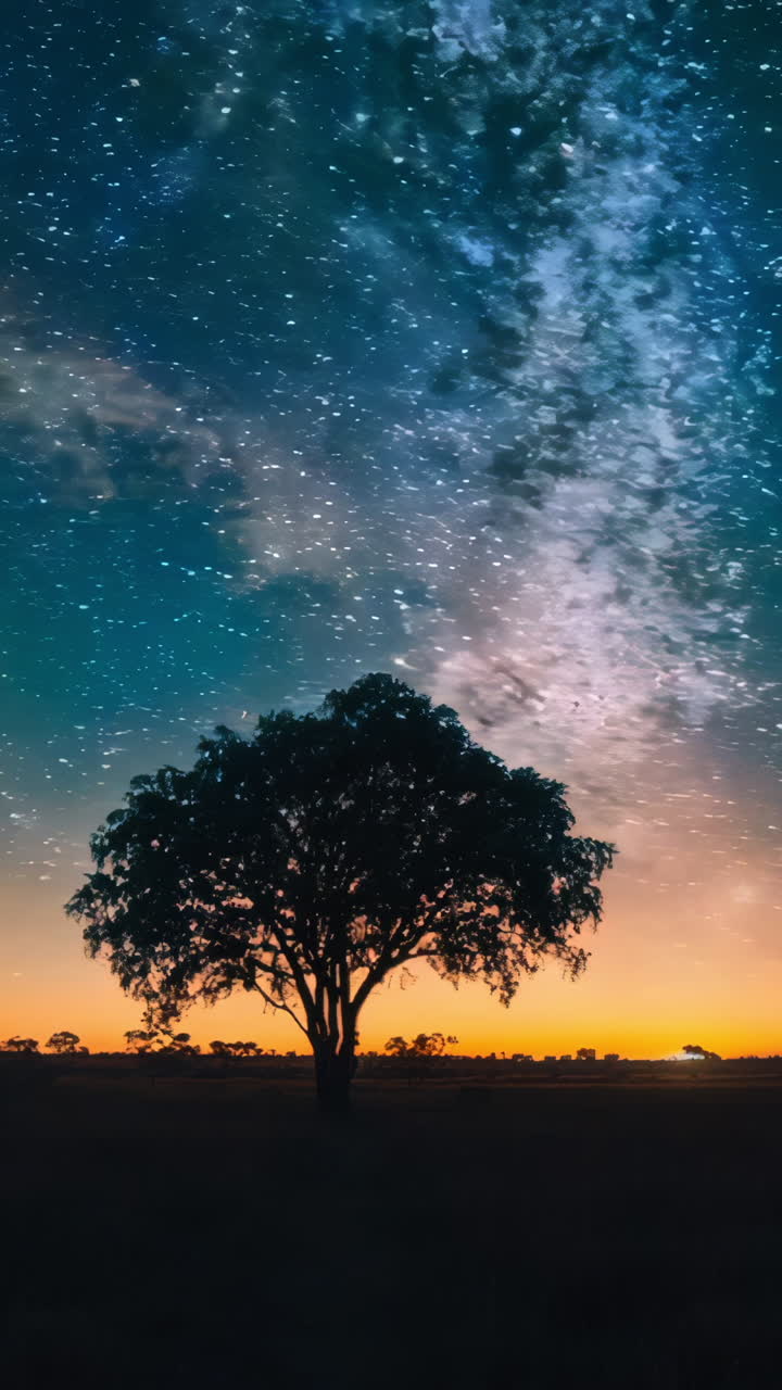 A tree stands in a field of grass under a starry sky. The sky is filled with stars and the tree is silhouetted against the sky. The scene is peaceful and serene