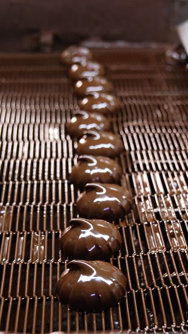 Zephyr candies covered with melted chocolates go under the flow of air. Sweets are blown to get rid of excess of chocolate. Close up. Vertical video