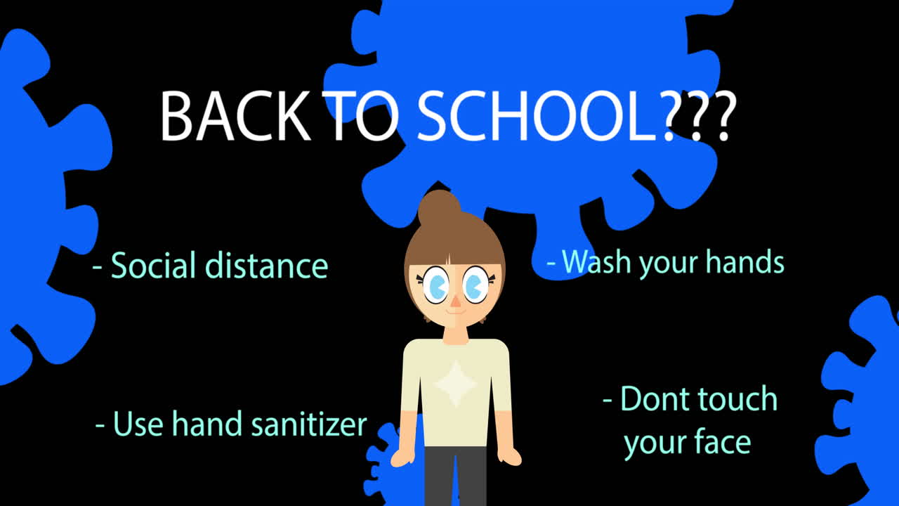 검은색 배경의 소녀 아이콘에 대한 학교 텍스트와 코로나 바이러스 개념 텍스트로 돌아갑니다.