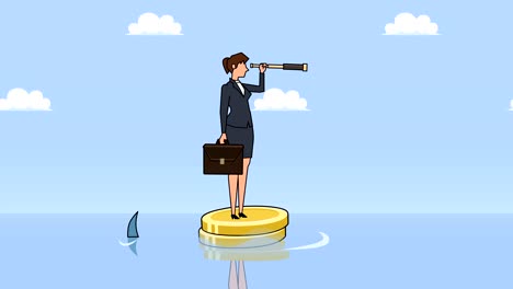 flat cartoon businesswoman character with case bag and looks through spyglass floating  near sharks on dollar coins animation