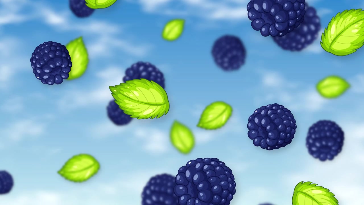More stilizzate e foglie di menta cadono lentamente attraverso un cielo azzurro brillante con nuvole soffici