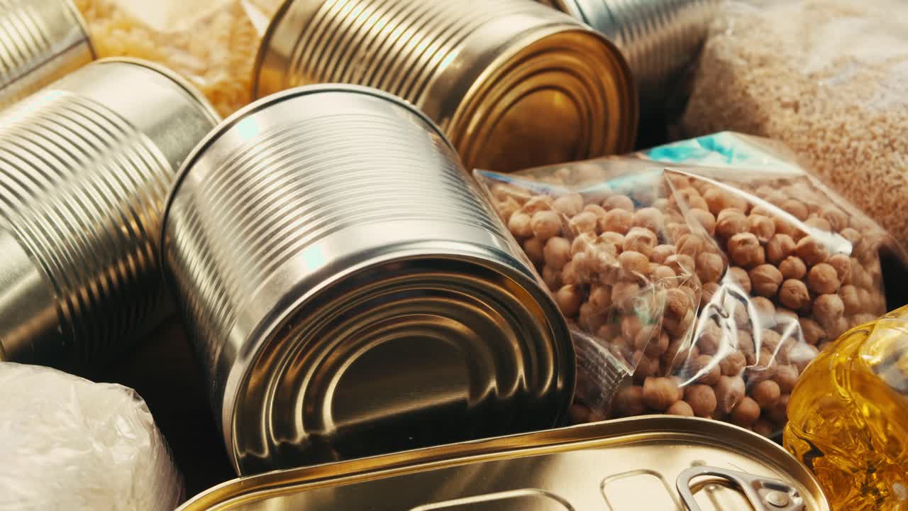 Canned cereals beans fish and vegetables, an assortment of processed foods, supermarket cart online shopping, delivery.