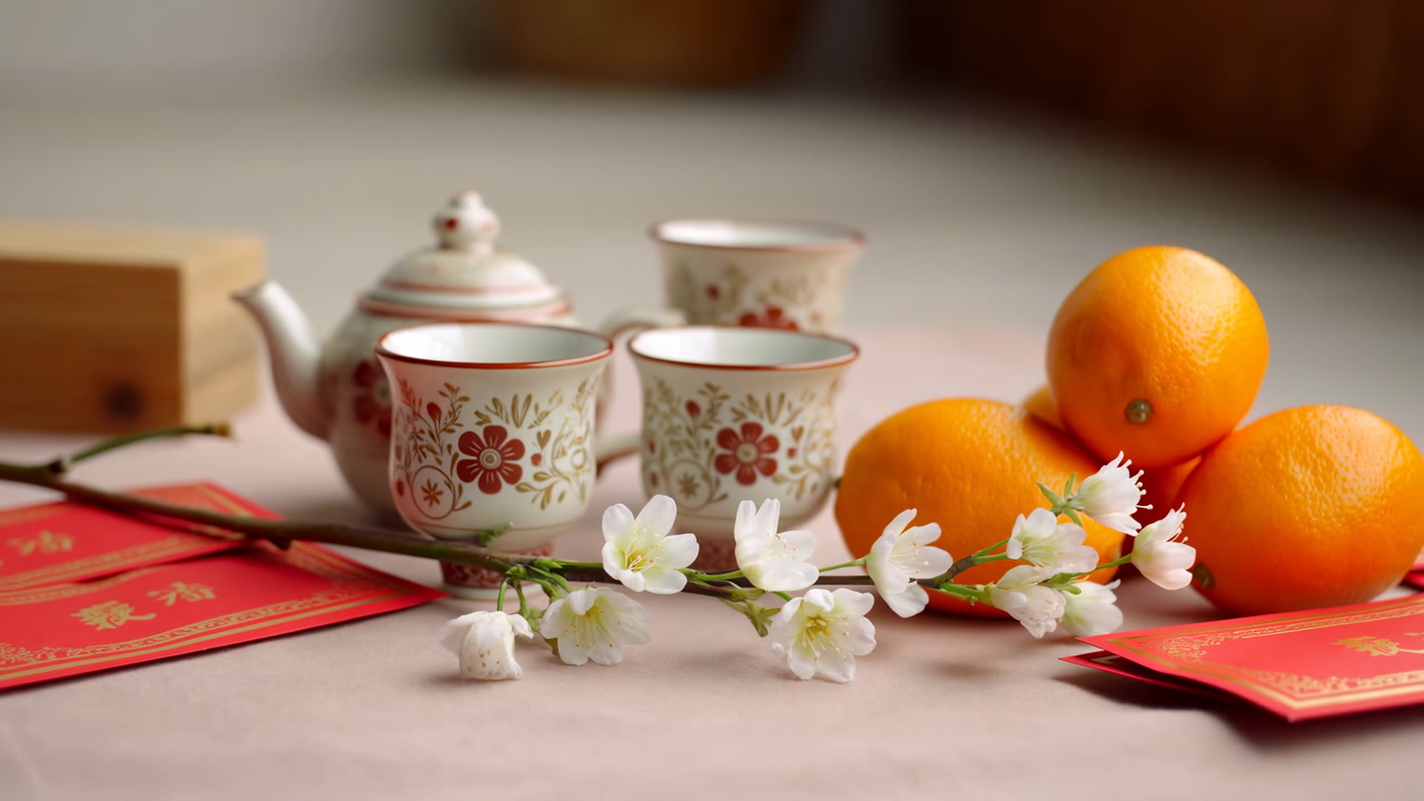 Tea Set With Oranges And Blossoms, Porcelain Teapot And Cups With Floral Motif, Mandarin Oranges And Red