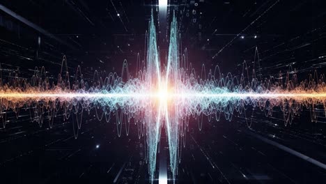 A Stunning Visualization of Sound Waves: A Dynamic Journey Through the Rhythm of Frequencies and Vibrations Set Against a Digital Background