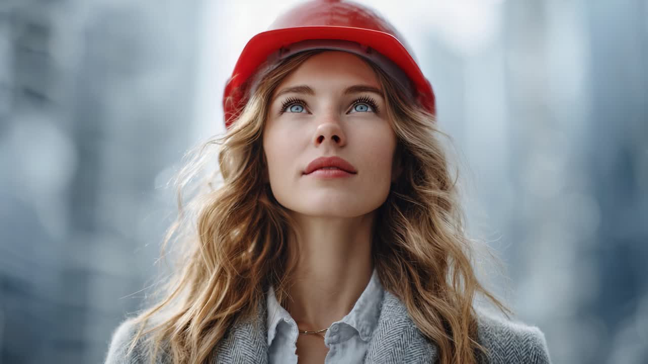 Confident Woman in a Red Hard Hat Gazes Upwards, Symbolizing Strength and Determination in a Professional Environment, Empowering Women in Industry and Leadership Roles