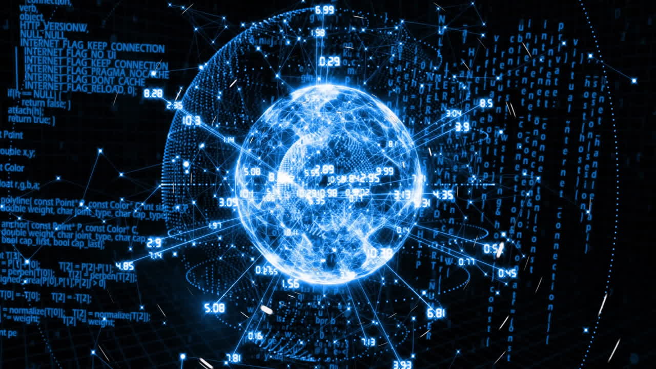 animación de procesamiento de datos y globo con conexiones en fondo negro