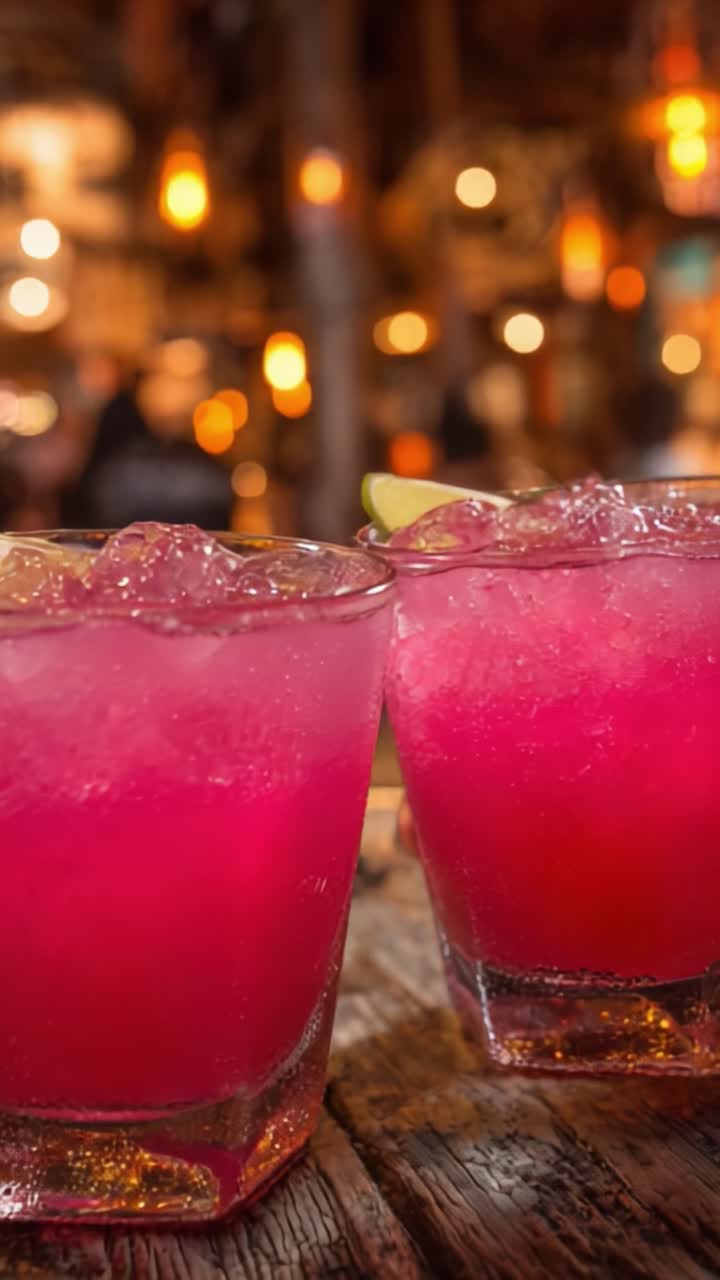 Vibrant Cocktails on Wooden Table Amidst a Lively Bar Atmosphere, Capturing the Essence of Social Gatherings and Enjoyment in a Cozy Setting