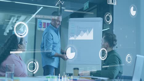 Animation-of-graphs-with-loading-circles-and-bars,-diverse-manager-explaining-strategy-to-coworkers