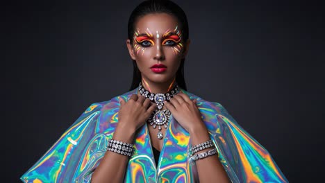 stunning portrait of a model with dramatic face makeup and iridescent fashion, captured in a striking studio setting highlighting unique accessories and bold colors