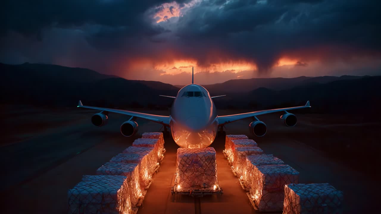 A Stunning Cargo Airplane Stands Ready at Sunset, Surrounded by Illuminated Pallets of Freight, Under a Dramatic Sky Filled with Vibrant Colors and Clouds