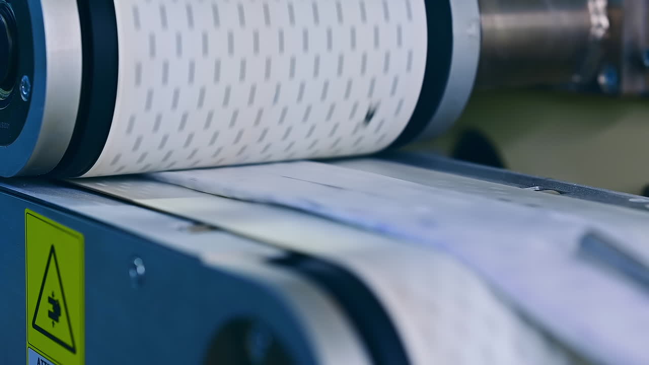 Conveyor at the factory for the production of diapers. Spinning shaft over the conveyor belt. Modern factory for producing diapers.