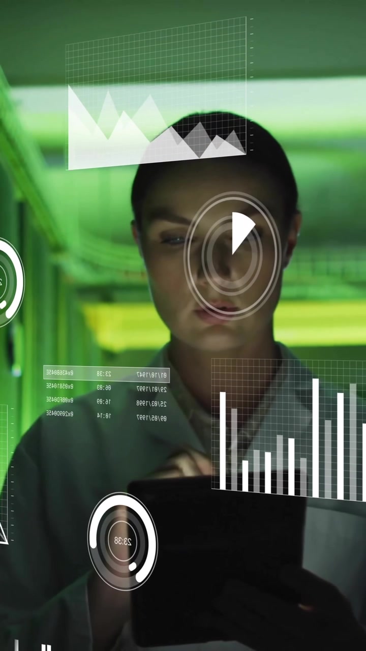 Animation of digital data processing over caucasian female it technician and computer servers