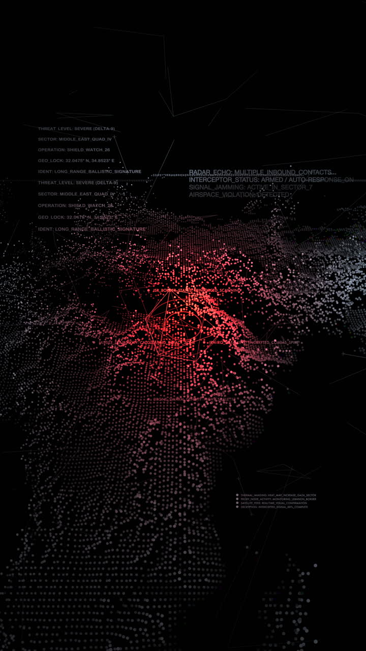 Mappa digitale verticale con sovrapposizione HUD in stile militare che evidenzia Iran, Iraq e Israele. Adatta per grafici di notizie geopolitiche, analisi dei conflitti, reportistica sulla difesa e briefing sulla sicurezza.