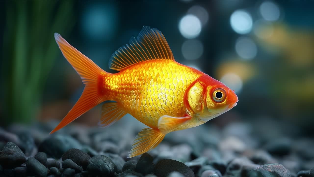En livlig guldfisk, der svømmer elegant i et akvariemiljø omgivet af farverige sten og æteriske lysrefleksioner under vandet