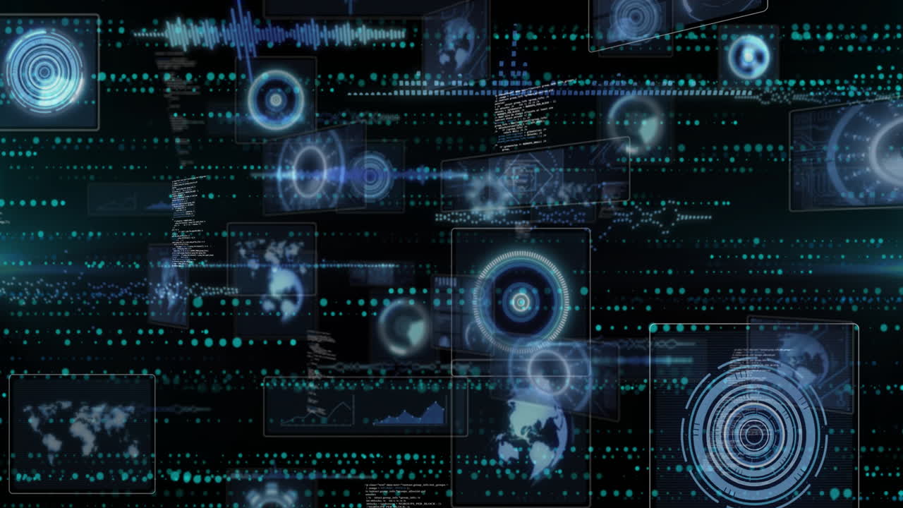 Animation of futuristic holographic interface with circular graphics in motion