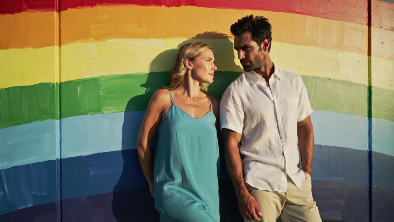 Leaning woman in teal dress initiating gaze, man in white shirt responding at rainbow mural posing