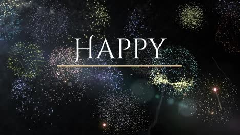 animation of happy new year greetings over fireworks in background