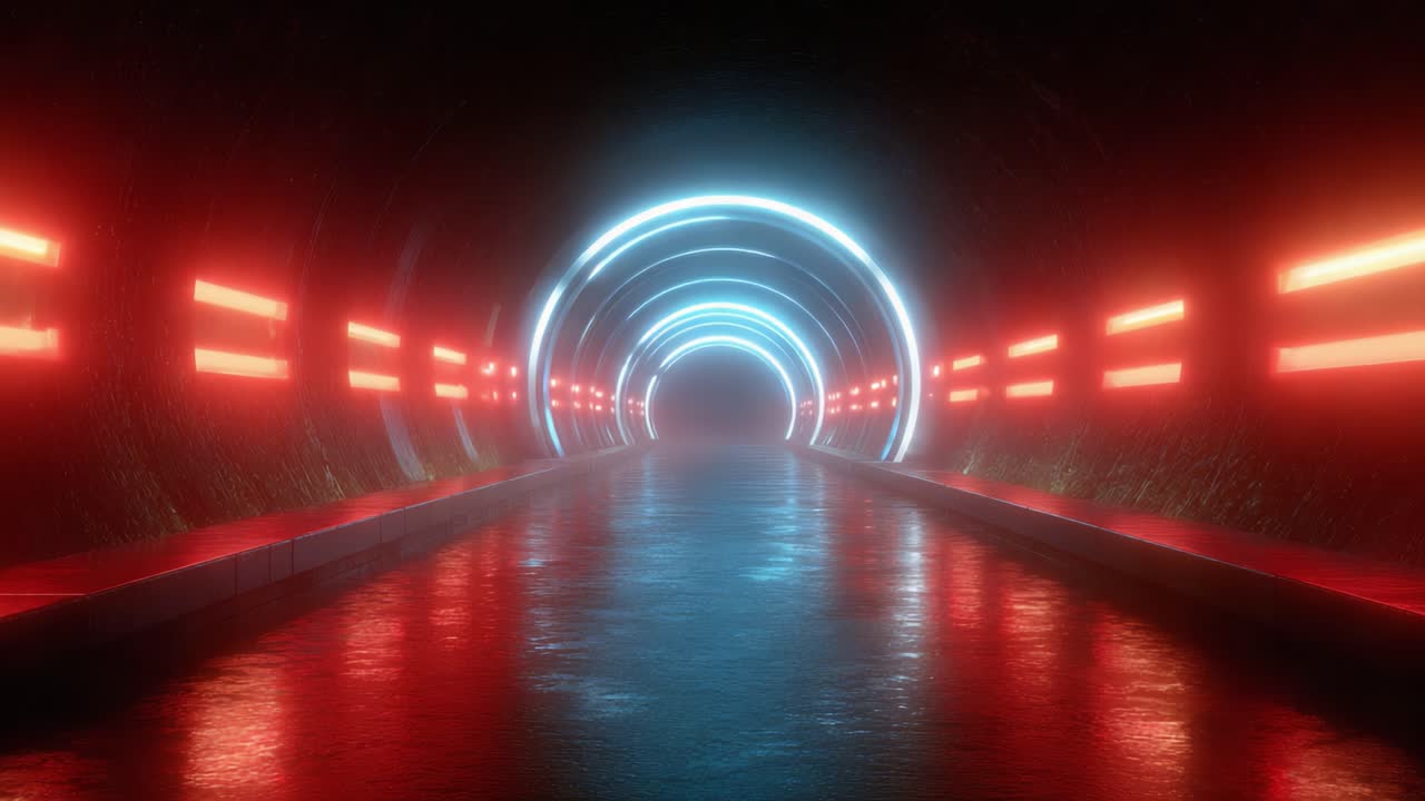 A Futuristic Tunnel Scene Illuminated by Vibrant Neon Lights, Leading into an Enigmatic Glow at the Far End, Capturing a Sense of Mystery and Adventure