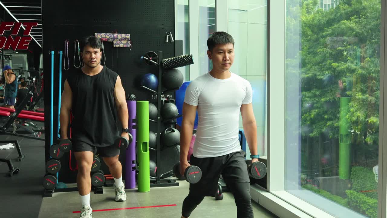 Dua atlet pria melakukan squat dumbbell yang disinkronkan di gym modern dengan cahaya alami