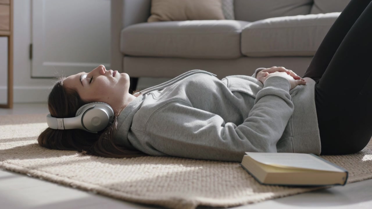 Lying woman wearing gray hoodie and white headphones resting on rug at home, closed book nearby