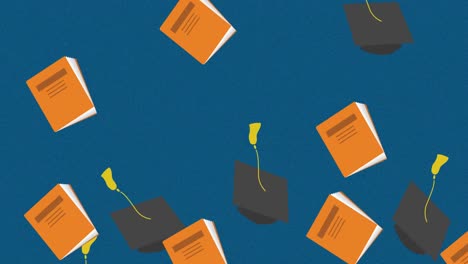 Animation-of-notebooks-and-graduation-hats-on-blue-background