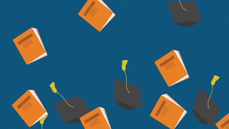 animation of notebooks and graduation hats on blue background