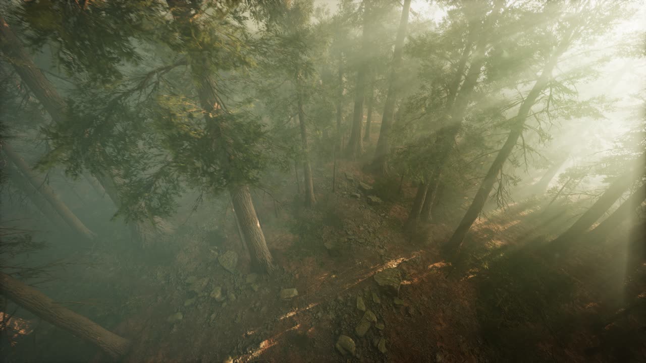 drone rompiendo a través de la niebla para mostrar la secuoya y el pino