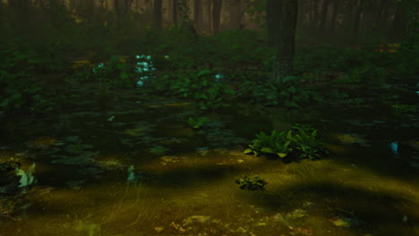 y un pantano misterioso en un bosque oscuro