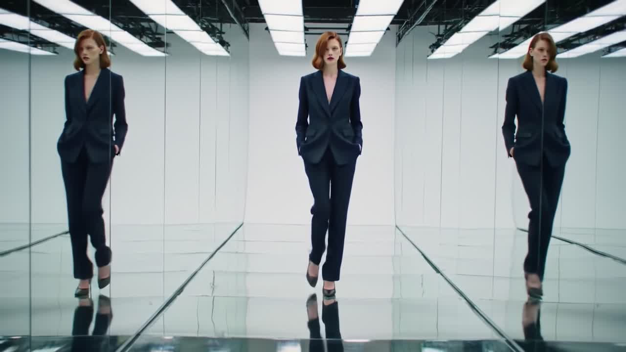 A Confident Model Strides Through a Chic, Reflective Environment Showcasing Modern Fashion and Sophistication