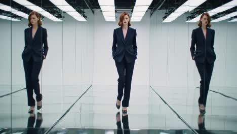 a confident model strides through a chic, reflective environment showcasing modern fashion and sophistication