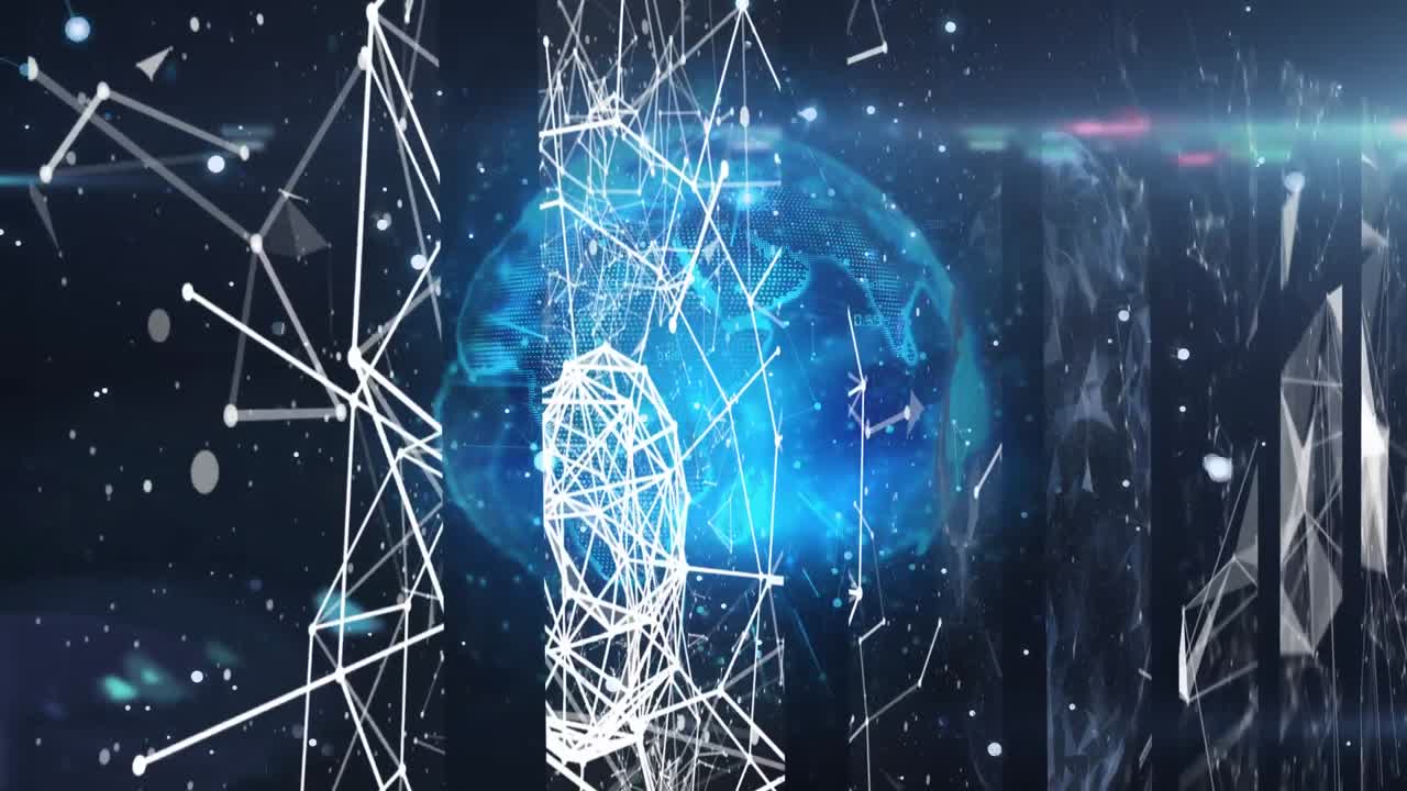 Screens of network of connections against glowing globe on blue background
