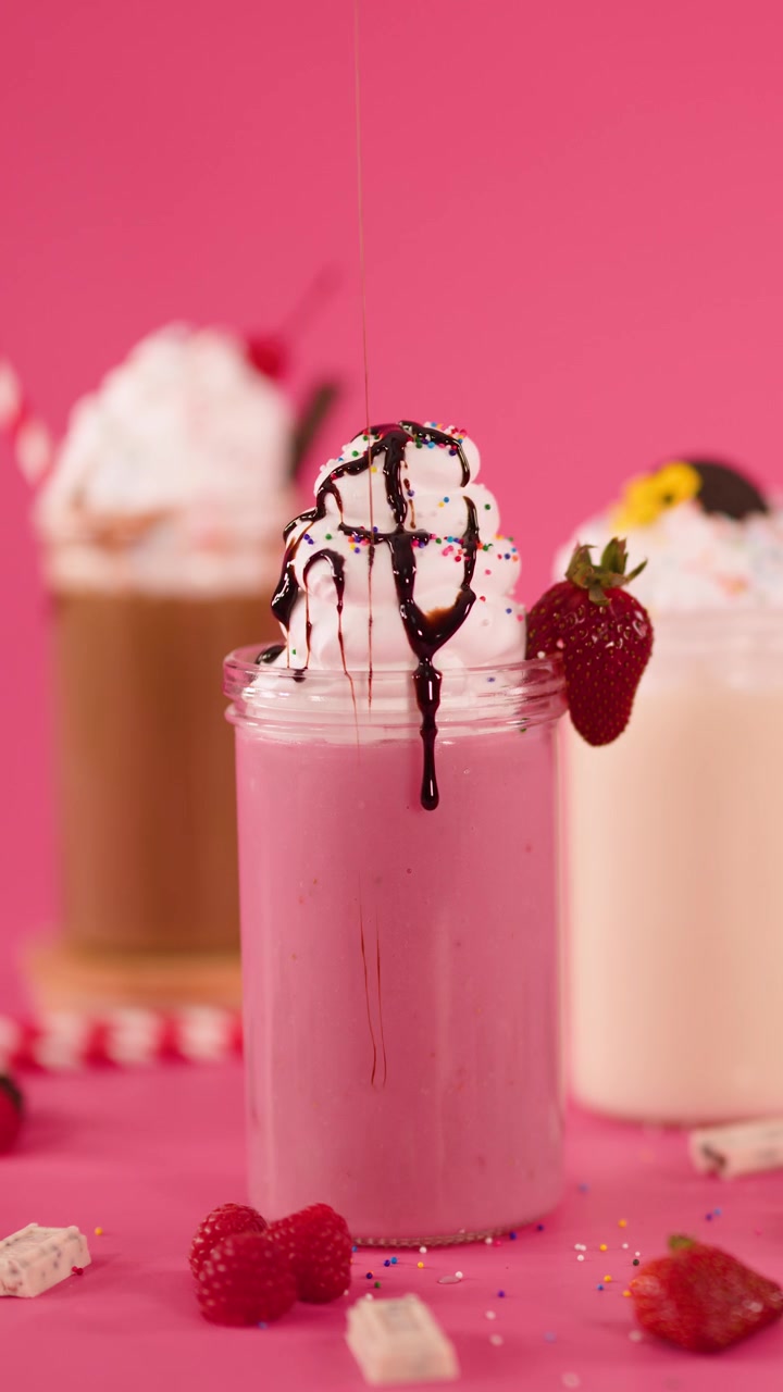 Salsa al cioccolato che cola su un milkshake alla fragola con panna montata, sfondo rosa vivace, scena di dessert colorata