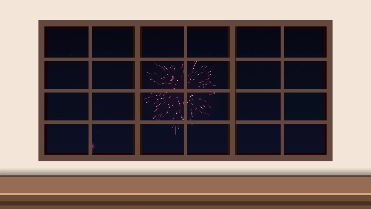 Animated red fireworks burst in the night sky seen through a multi-paned window frame.