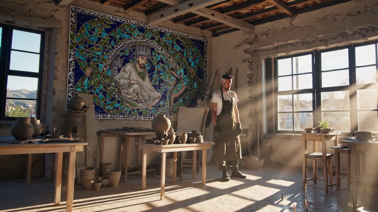 Craftsman wearing an apron stands in a sunlit pottery studio, contemplating his work amidst various ceramic pieces and a large mosaic artwork depicting a religious figure