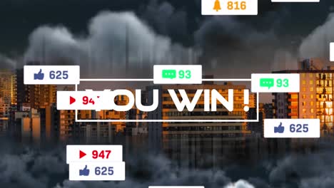 animación de usted ganar texto y números que crecen sobre el paisaje urbano